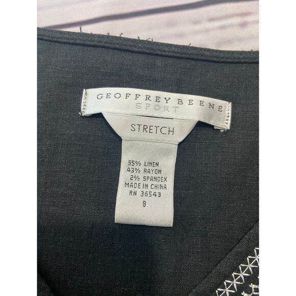 Geoffrey Beene Sport Linen Top Women 8 Black Embroider 3/4 Sleeve V Neck Stretch - Picture 2 of 10